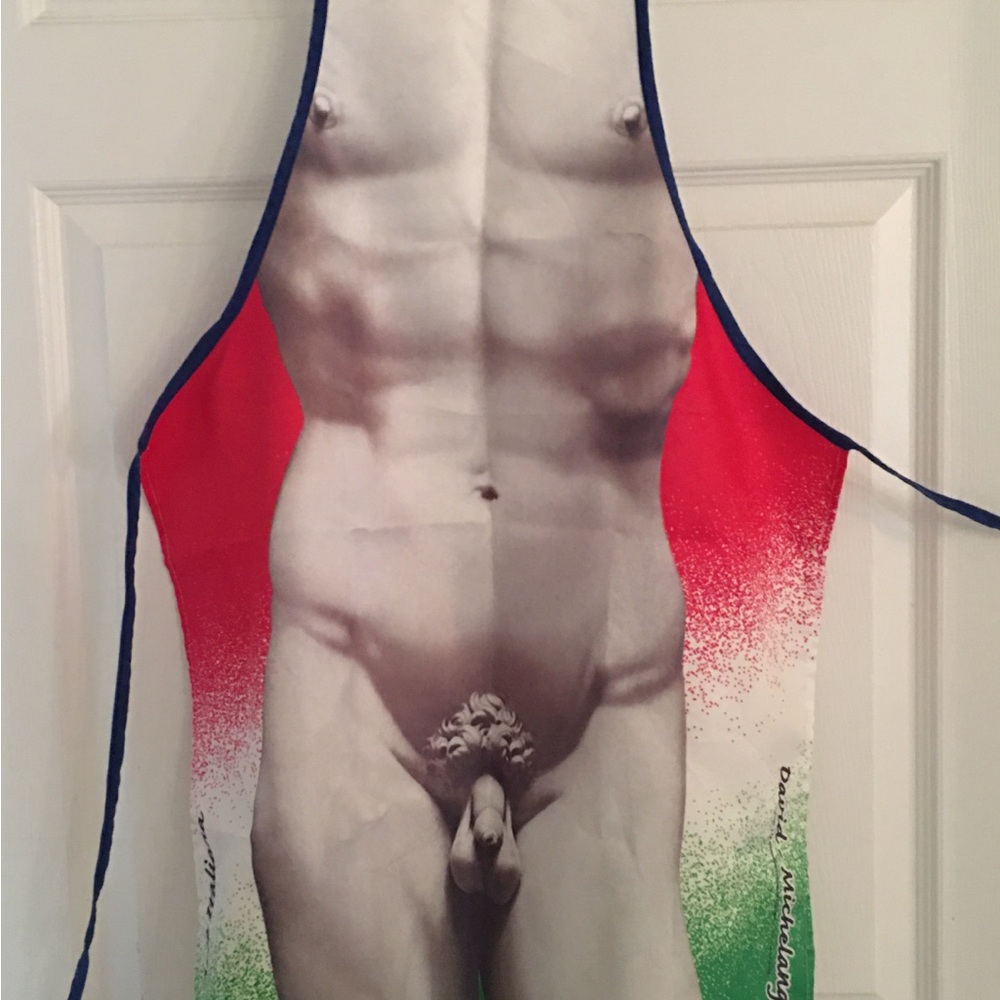 Playful Male Torso Novelty Apron with Red and Green Panels